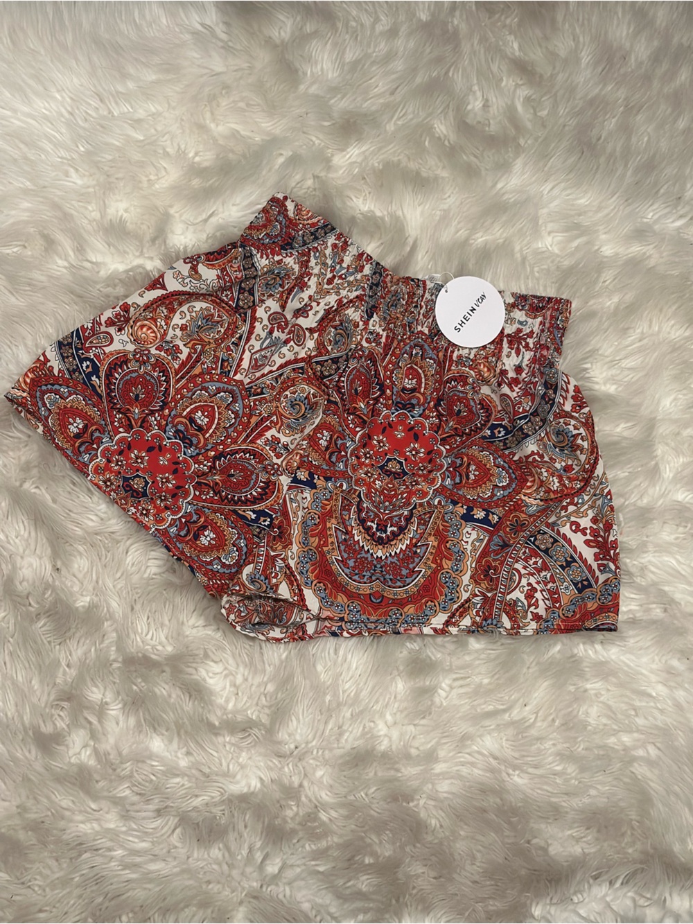 Paisley Print High-Waist Shorts - Red & Navy